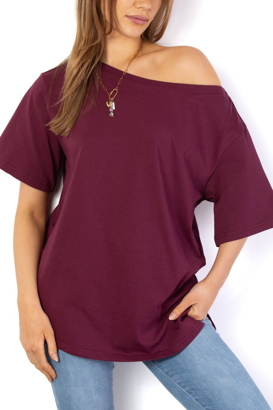 Kia Off Shoulder Tee - Merlot