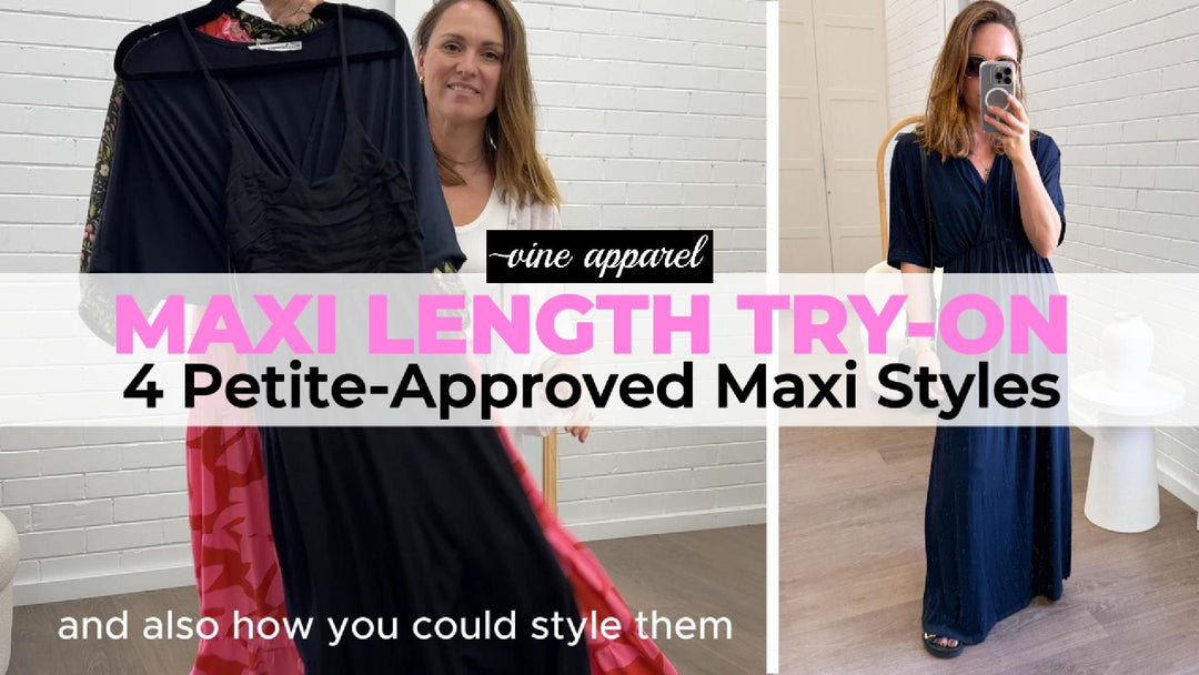 Bri wearing a petite-approved maxi dress from Vine Apparel’s Petite Range, styled for smaller frames.