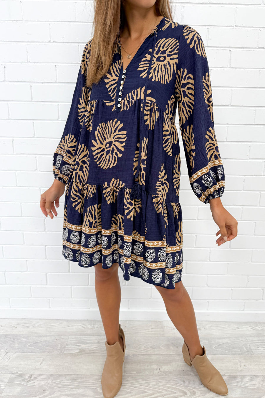 Navy Tan Print